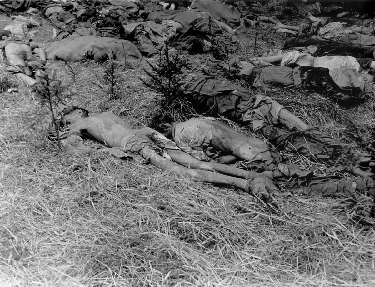 Nach der Befreiung durch die Amerikanische Armee entdeckte Leichen am Ort des KZ-Außenlagers Gunskirchen