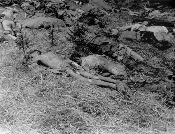Nach der Befreiung durch die Amerikanische Armee entdeckte Leichen am Ort des KZ-Außenlagers Gunskirchen