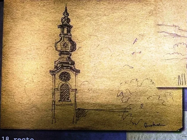Zeichnung des befreiten KZ-Häftlings Ludovico Barbiano di Belgiojoso: Der Blick aus seinem Zimmer aus dem Lazarett auf den Kirchturm von Gunskirchen