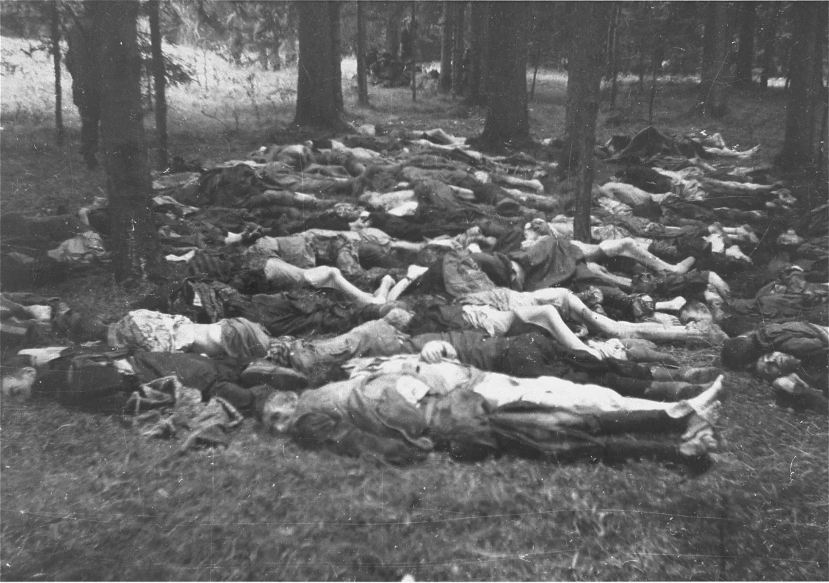 Leichen ermordeter KZ-Häftlinge. Im Hintergrund sind amerikanische Soldaten zu erkennen